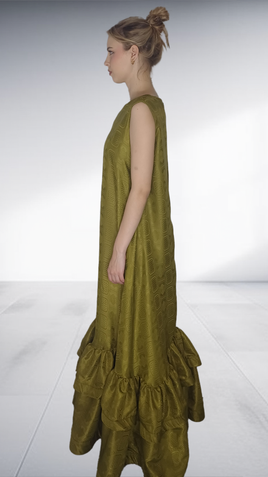 Alabo - Olive Green Embossed Ruffle Hem Maxi Dress