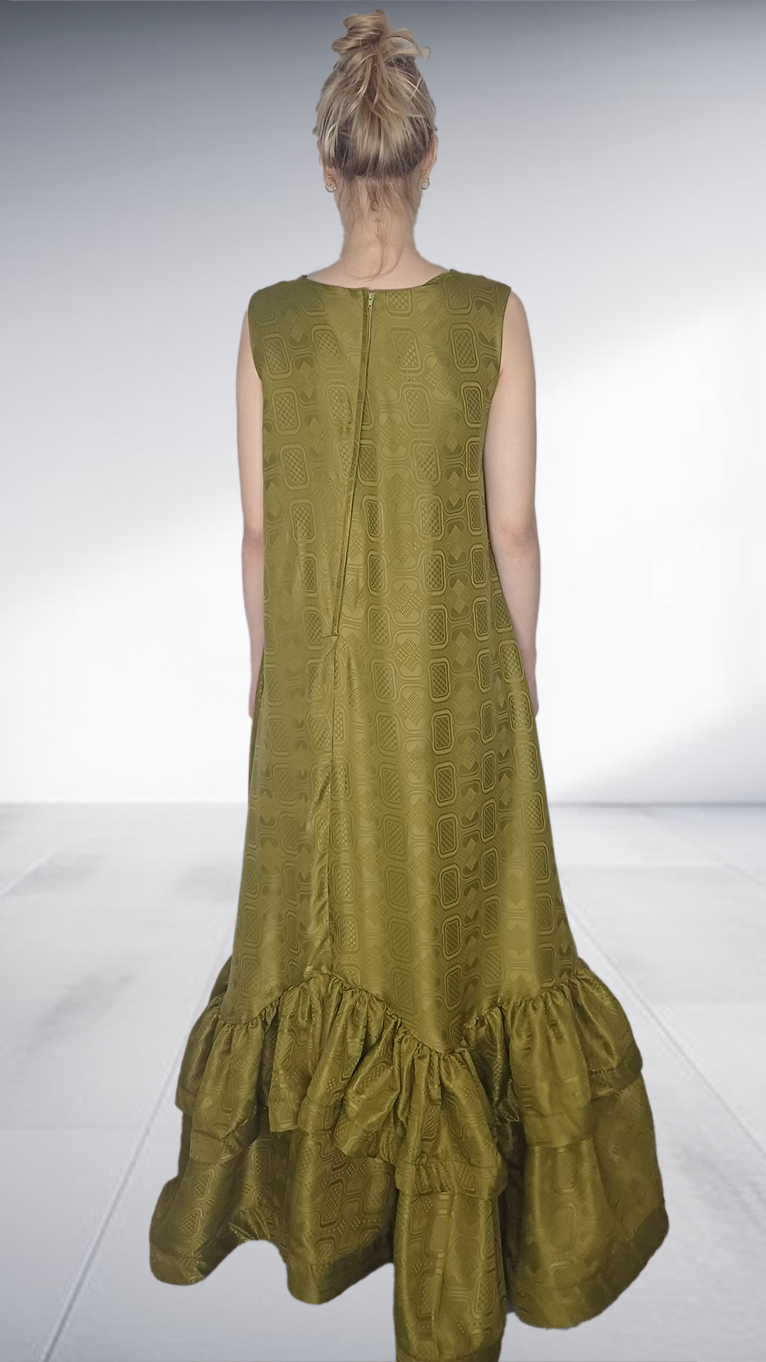 Alabo - Olive Green Embossed Ruffle Hem Maxi Dress