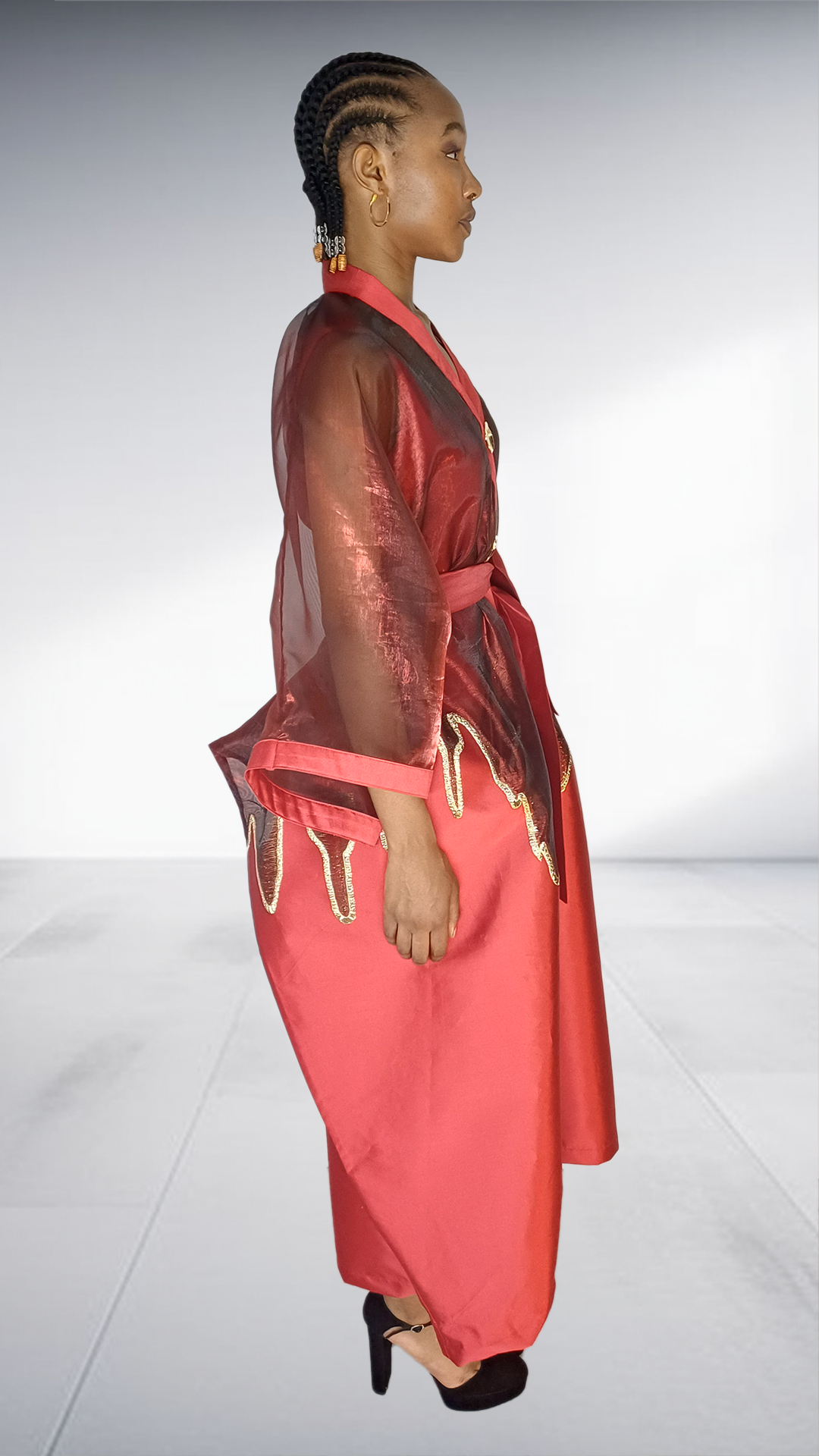 Red Satin Kimono Robe with Gold Embellishment