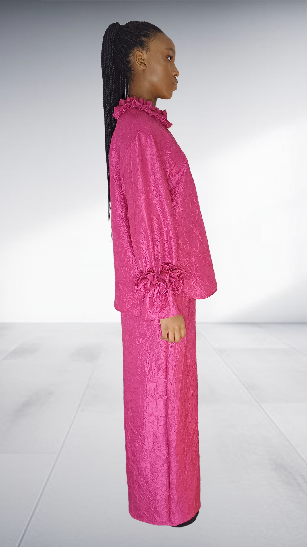 Pink Brocade Ruffle Collar Two-Piece Set