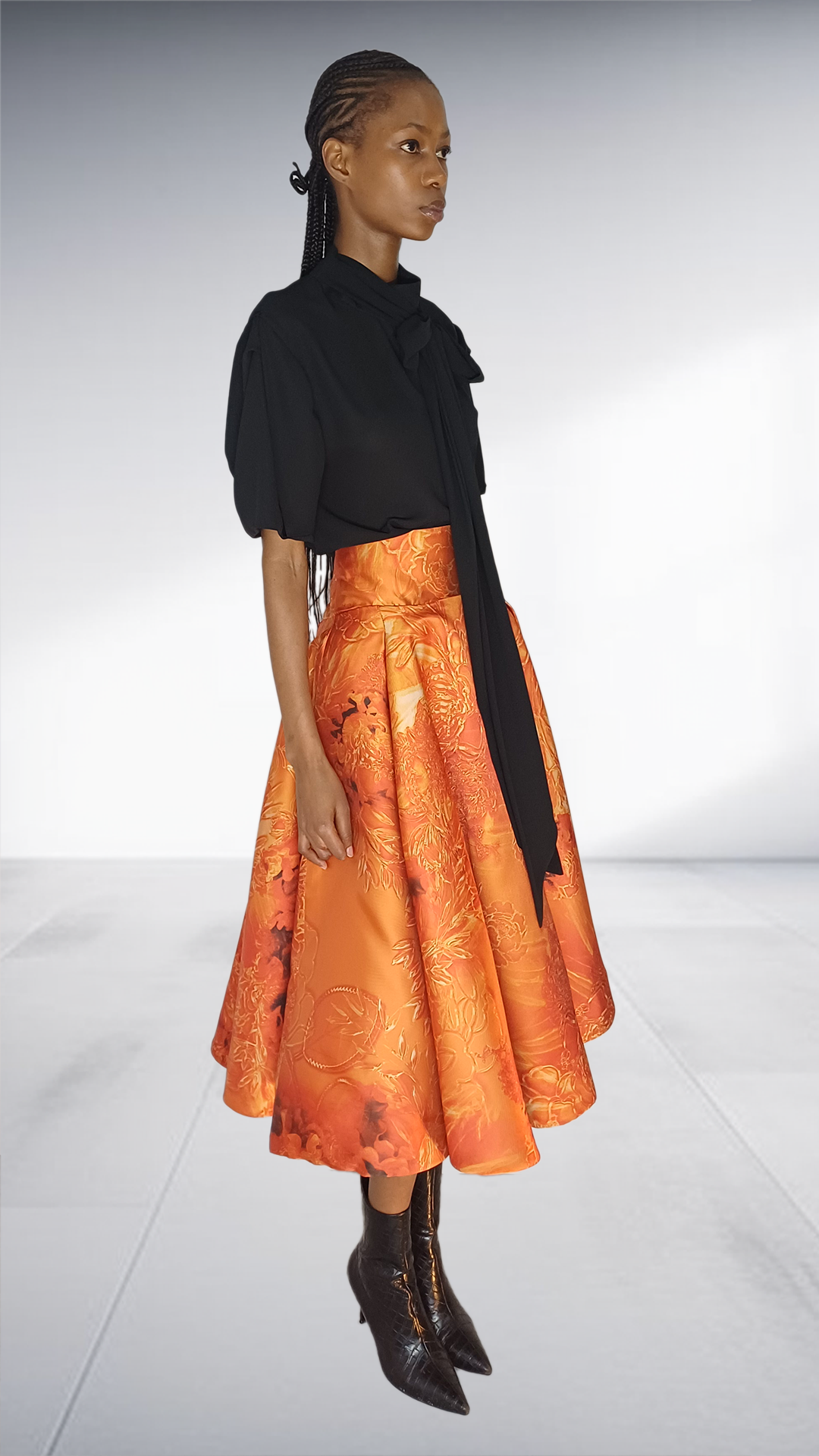 Black Bow Blouse & Orange Brocade Midi Skirt Two-Piece Set