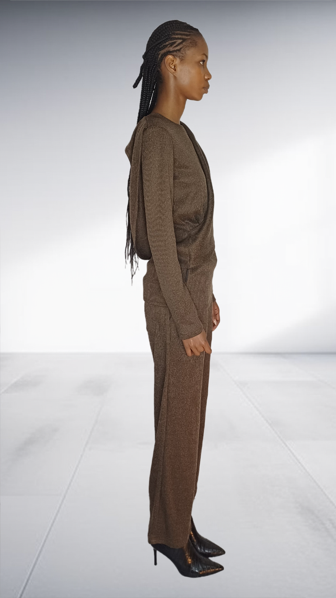 Brown Textured Cascade Wrap Hoodie Two-Piece Set