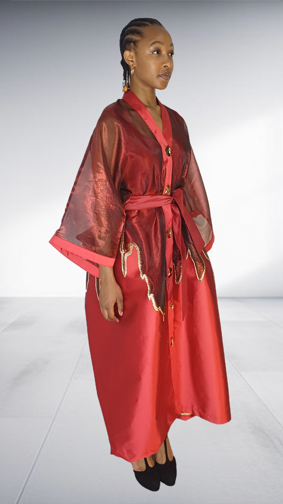 Red Satin Kimono Robe with Gold Embellishment