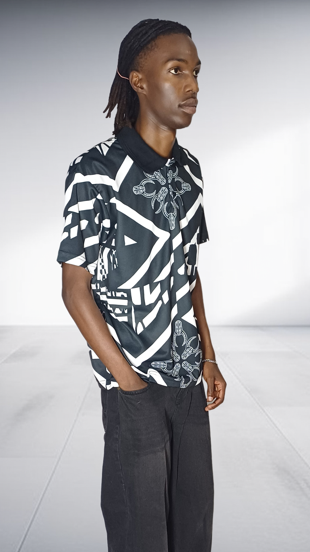 Imprint Geometric African Motif Golf Shirt - Black & White