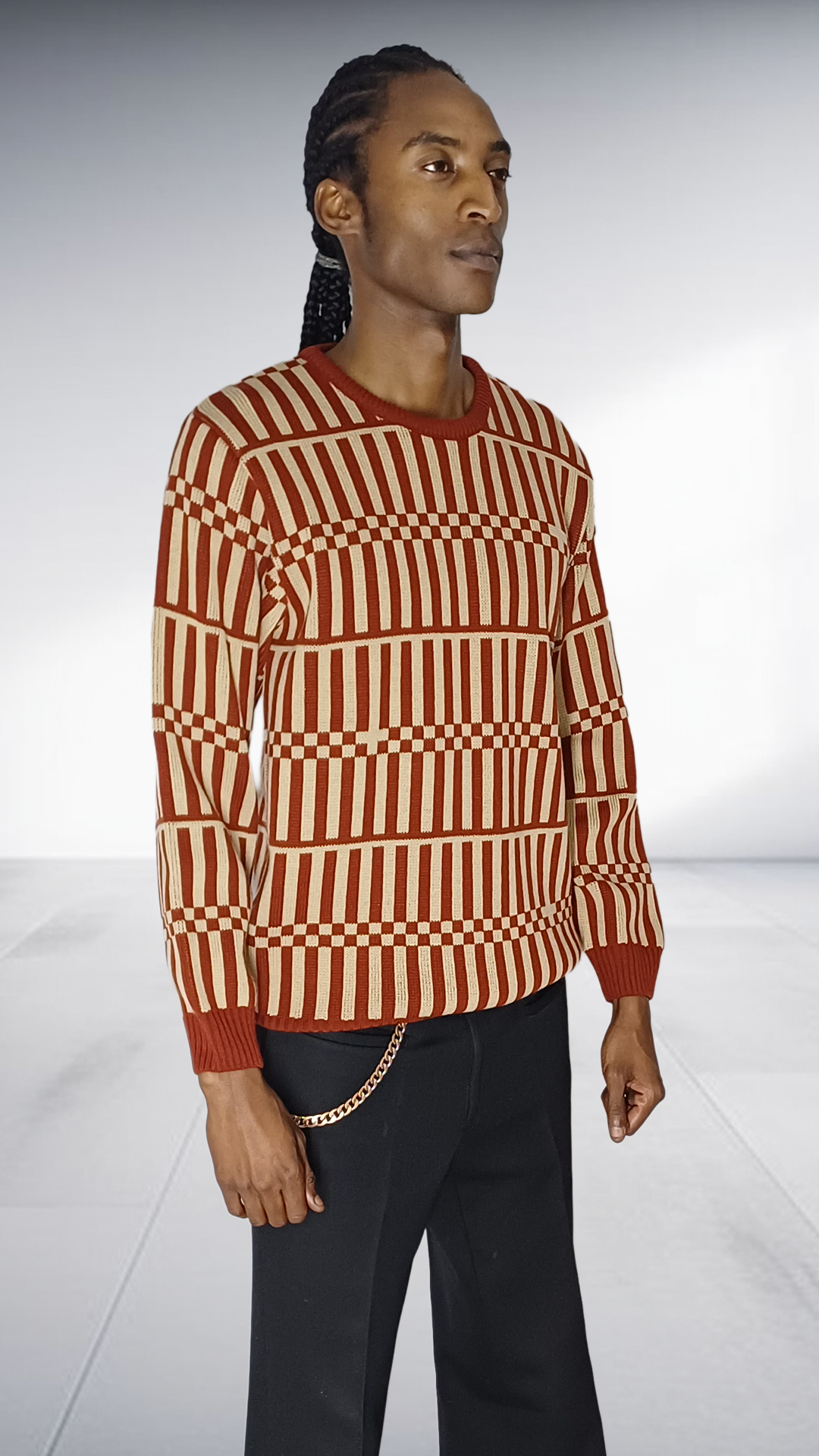 Chale Striped & Checkered Knit Sweater - Rust & Cream