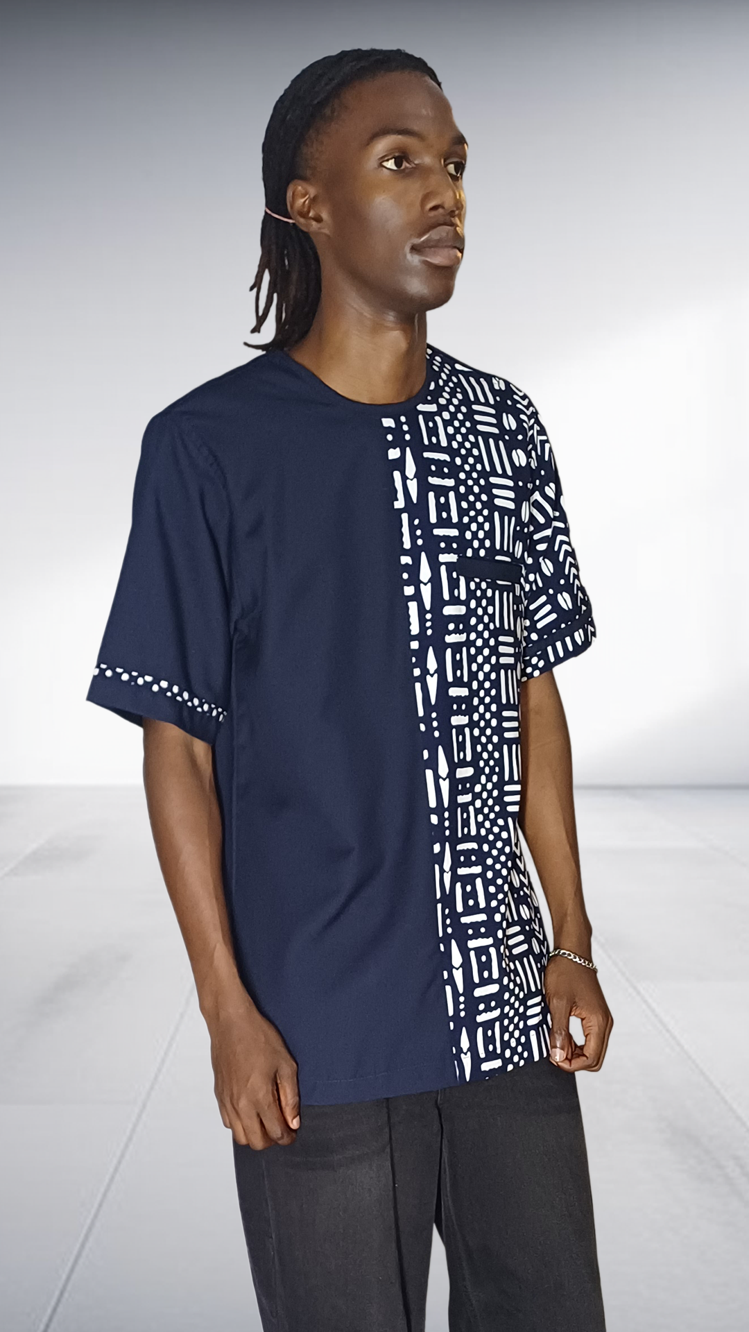 Lolo D Asymmetric Mudcloth Print Short Sleeve Shirt - Navy & White