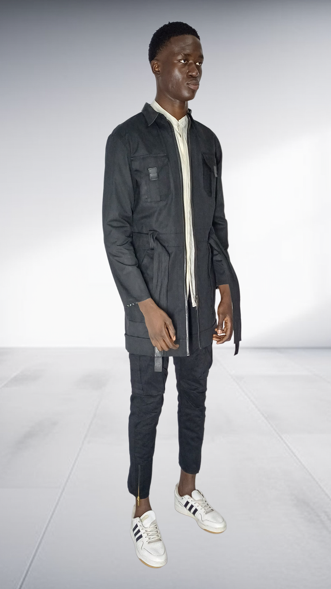 Naked Ape Oil Skin Jacket, Linen Mandarin Shirt & Cargo Pants Set - Black