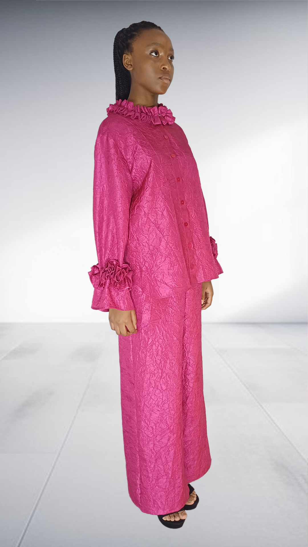 Pink Brocade Ruffle Collar Two-Piece Set