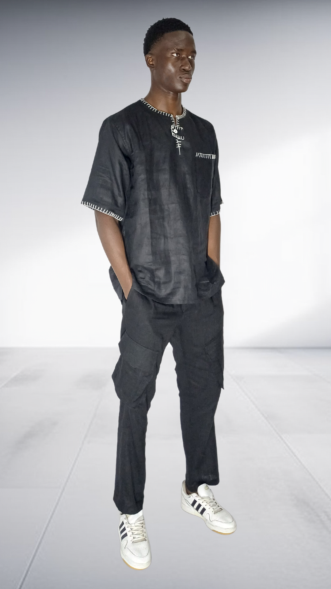 J.O.B Black Linen Embroidered Two-Piece Set