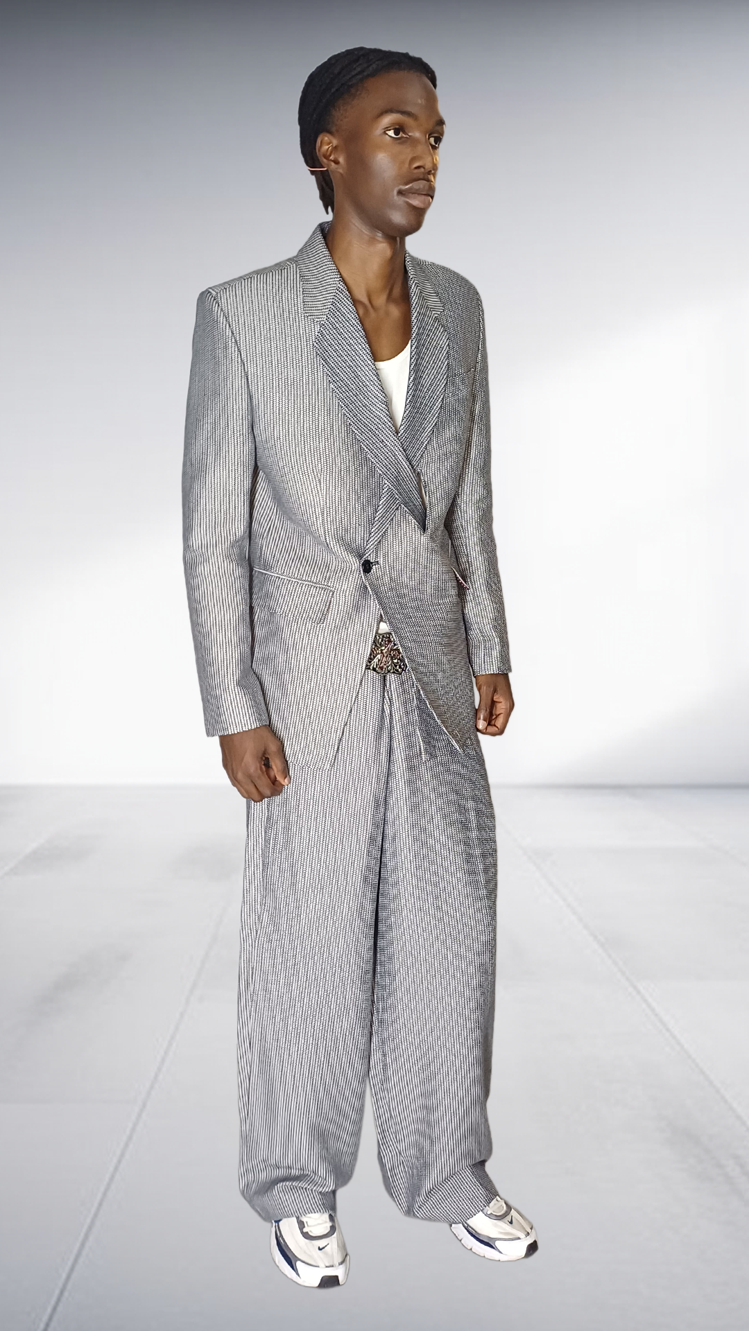 Fundundzi Grey Printed Suit Set - Double-Breasted Blazer & Wide-Leg Pants