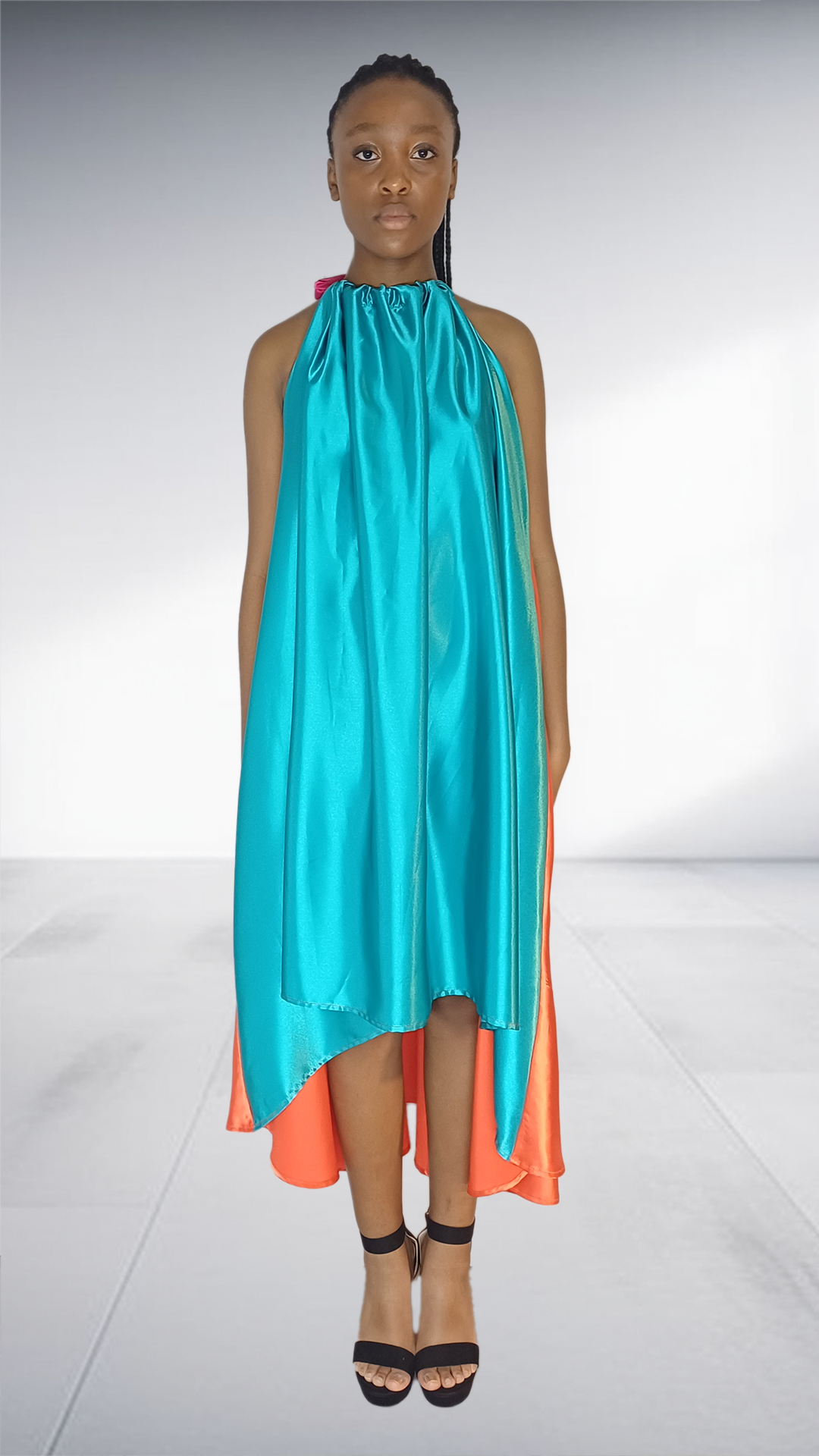 Turquoise & Coral Color-Block Halter Maxi Dress