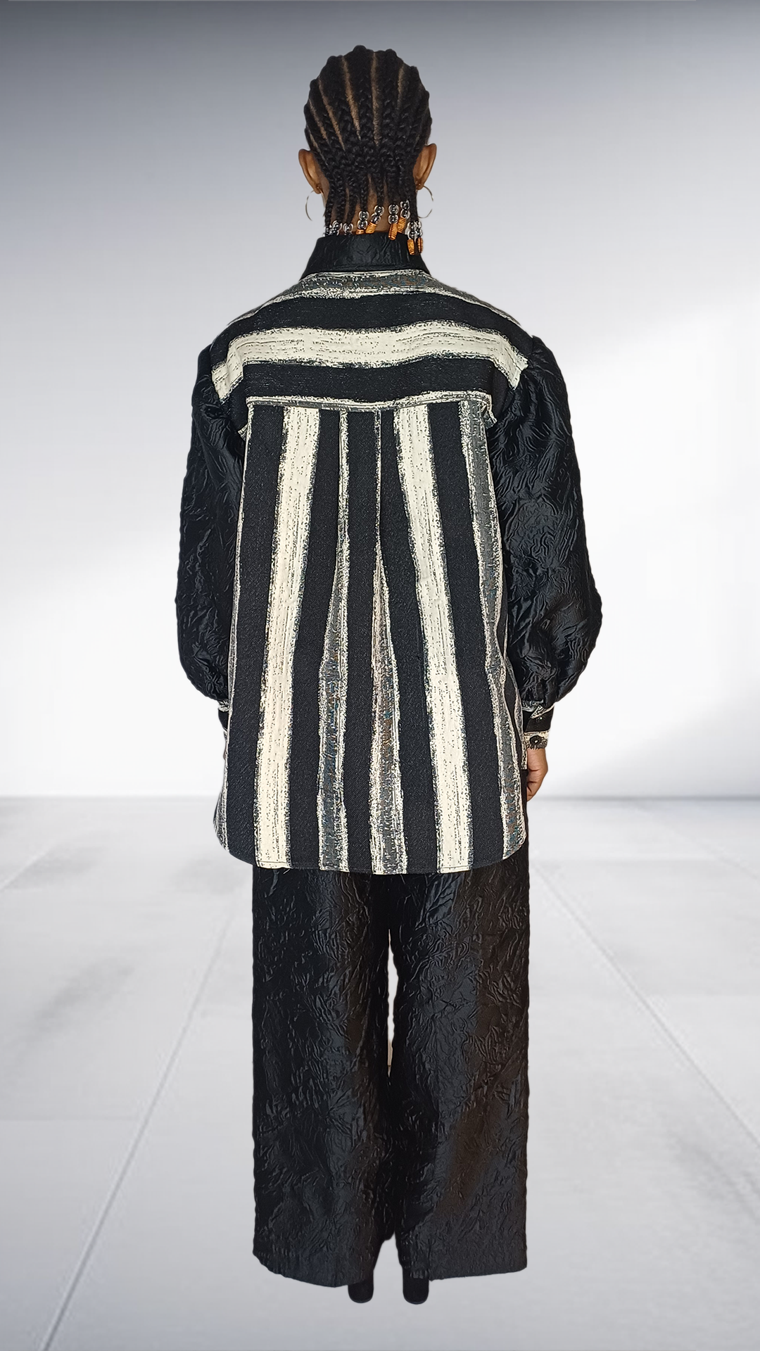 Black Jacquard Silver Striped Two-Piece Set