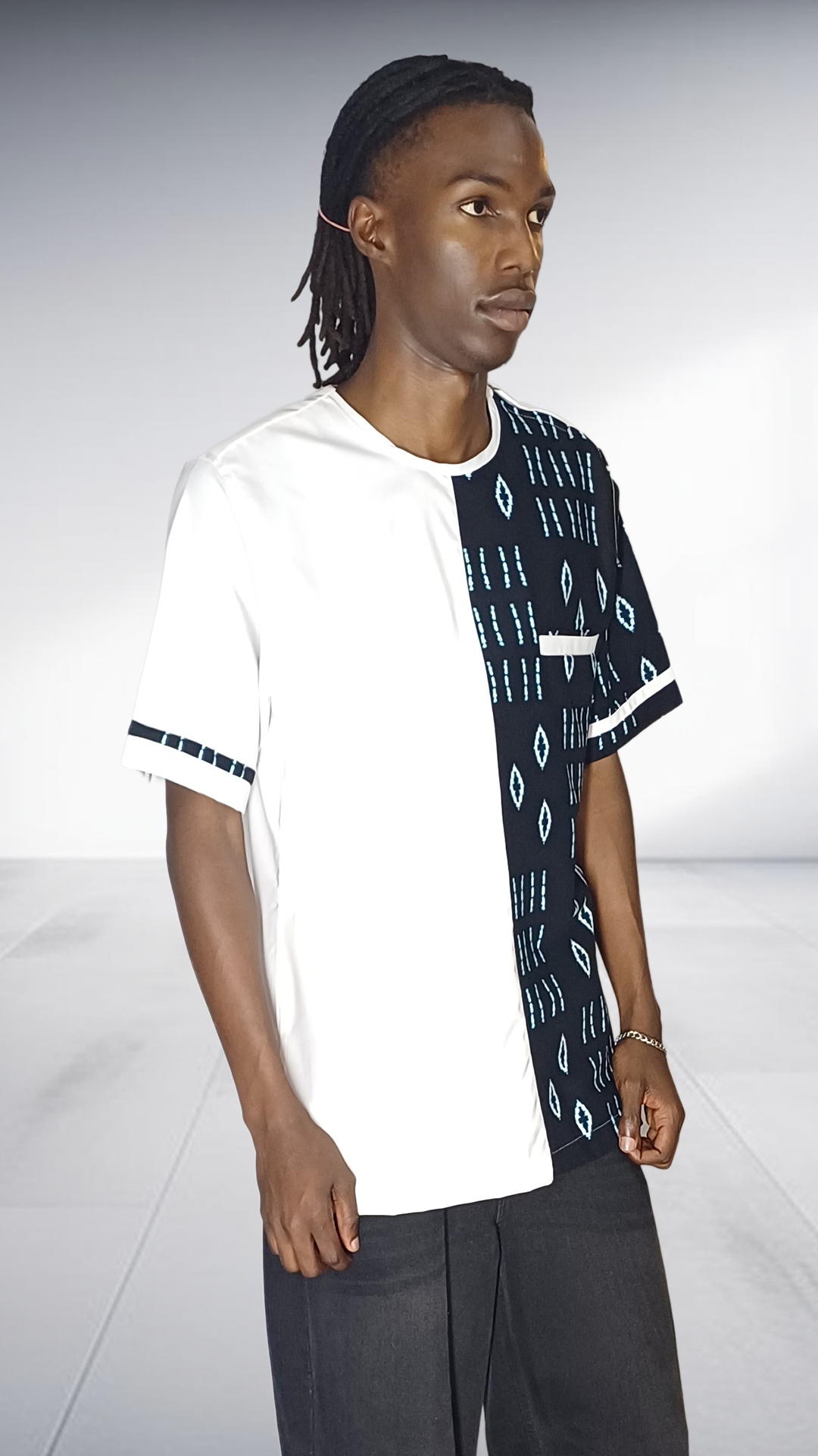 Lolo D Asymmetric Mudcloth Print Short Sleeve Shirt - White & Black