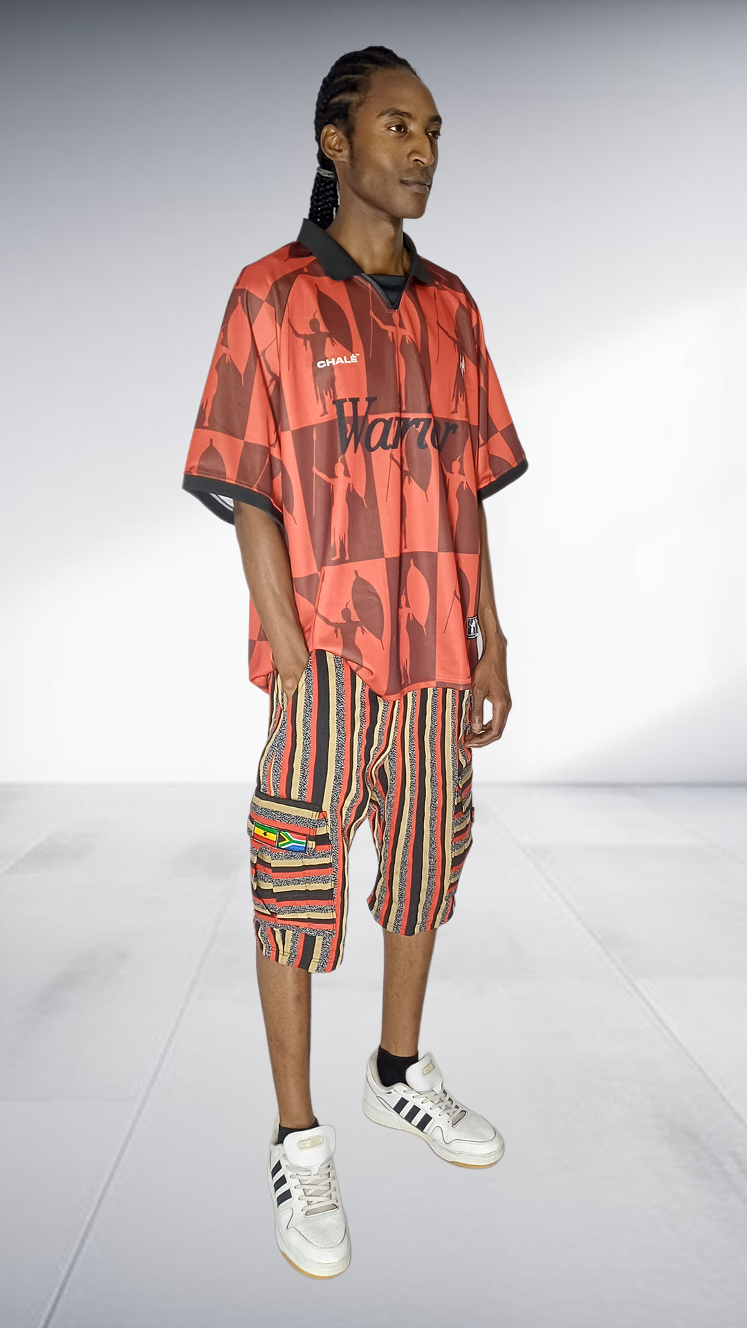Chale Warrior Jersey & Striped Cargo Shorts Set - Coral