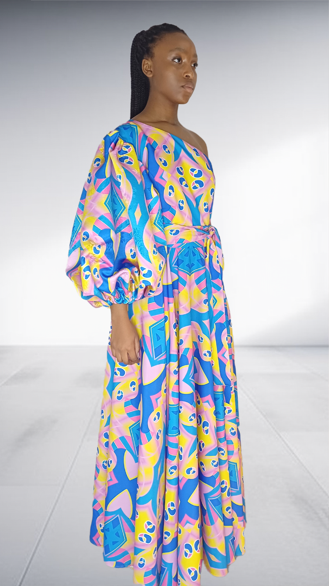 Vibrant Abstract Print One-Shoulder Maxi Dress