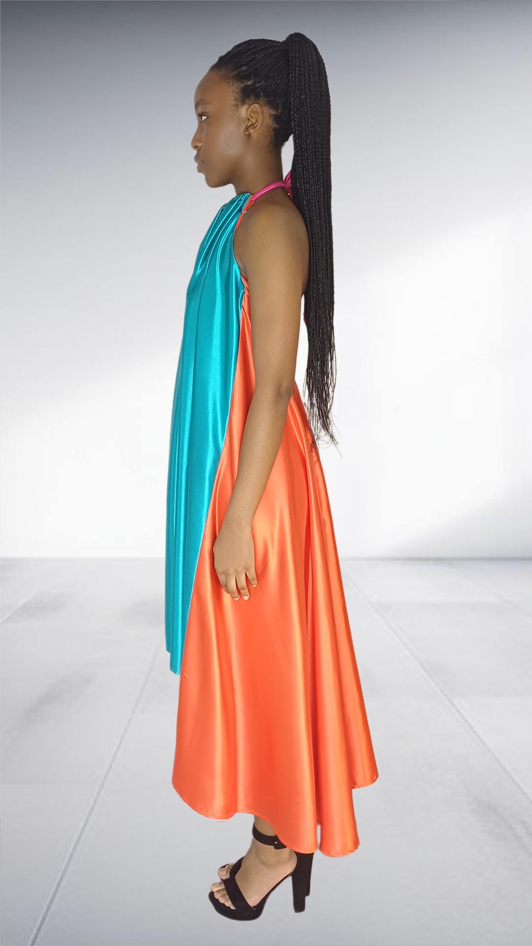 Turquoise & Coral Color-Block Halter Maxi Dress