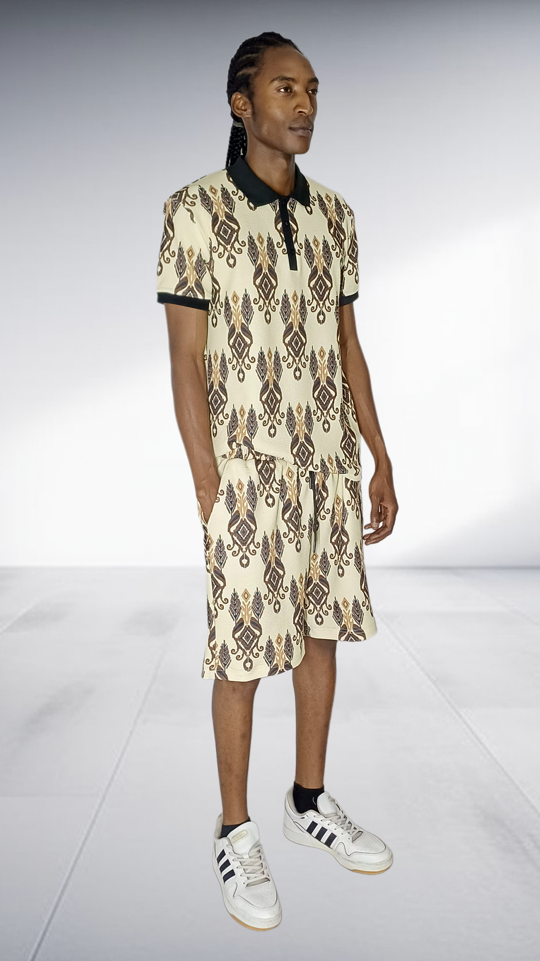 Ephymol Traditional Polo & Shorts Set - Cream & Brown