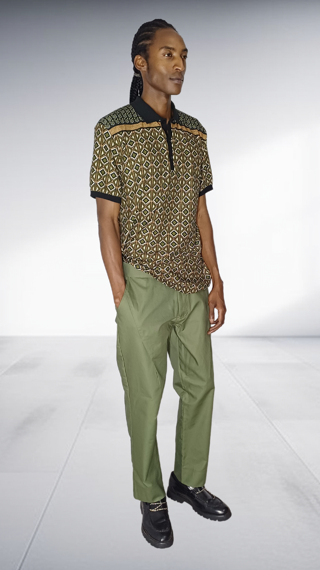 Ephymol Geometric Polo & Sage Pants Set - Gold & Black