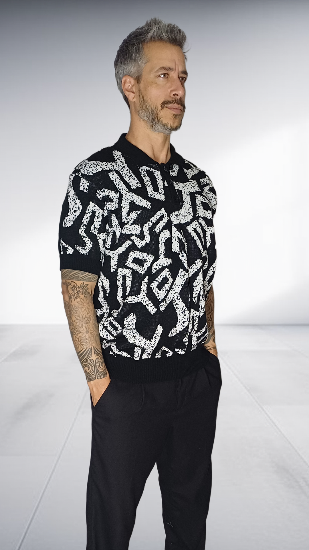 Jozsy Abstract Print Knit Golf Shirt - Black & White