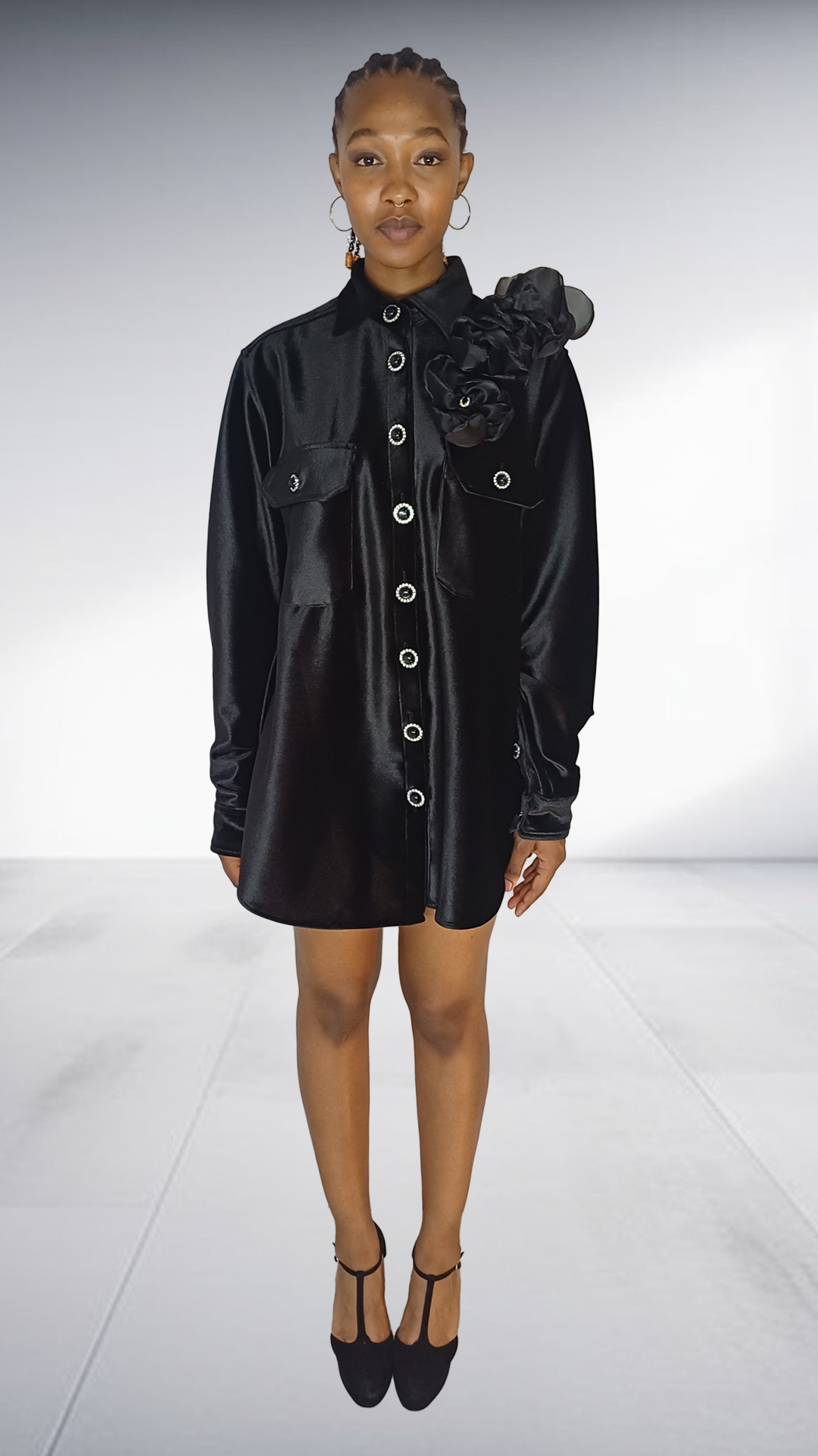 Agape Black Satin Oversized Shirt Dress with Rosette