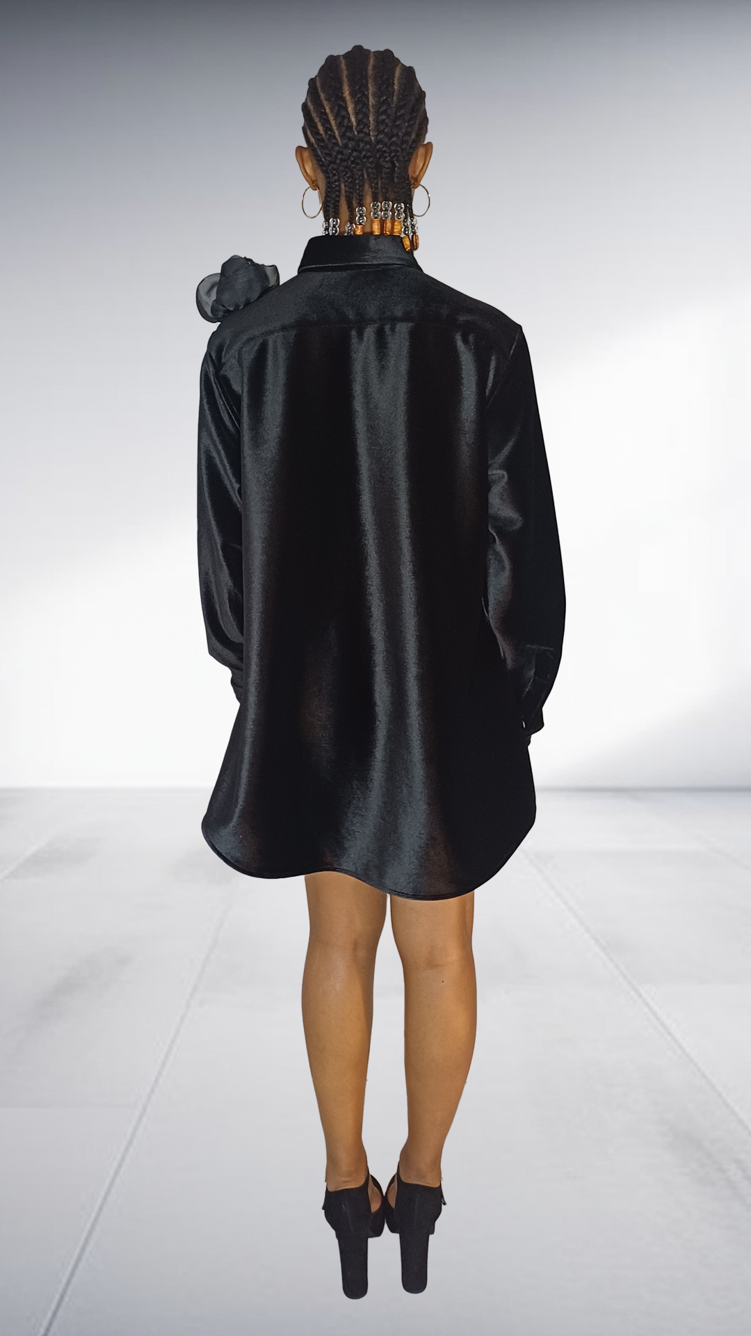 Agape Black Satin Oversized Shirt Dress with Rosette