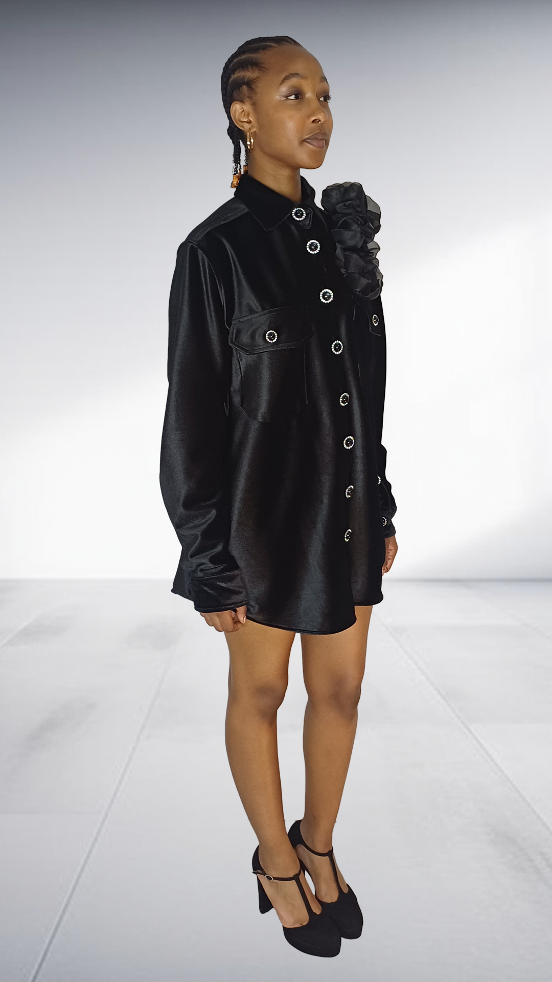 Black Satin Oversized Shirt Dress with Rosette Detail