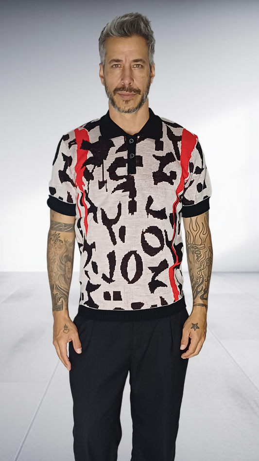 Jozsy Abstract Print Knit Golf Shirt with Red Stripes - Grey & Black