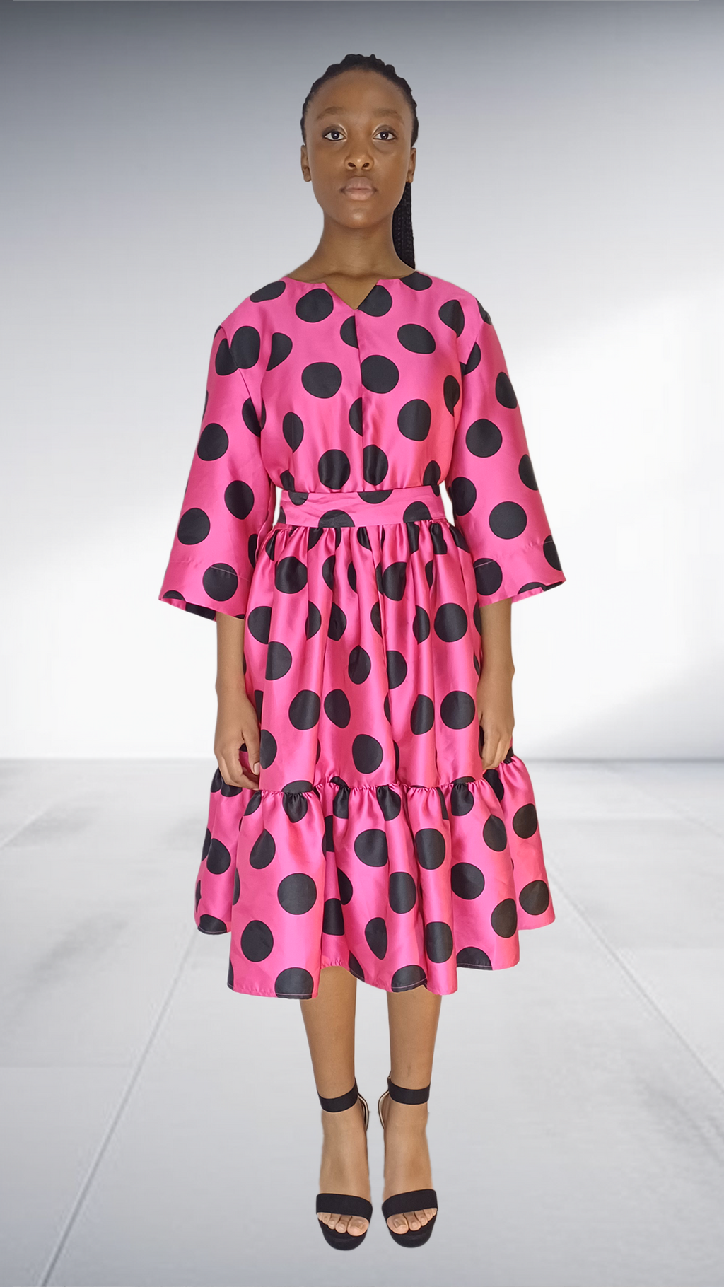 Ezokhetho Hot Pink Black Polka Dot Tiered Midi Dress