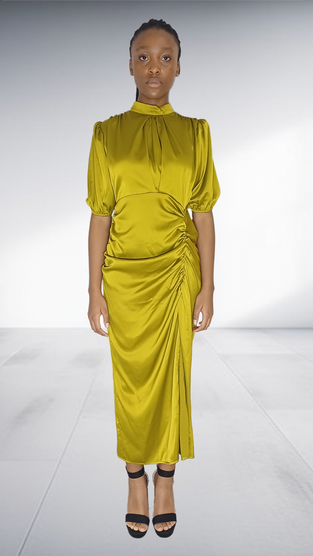 Mukutsuri Olive Green Satin Ruched Midi Dress