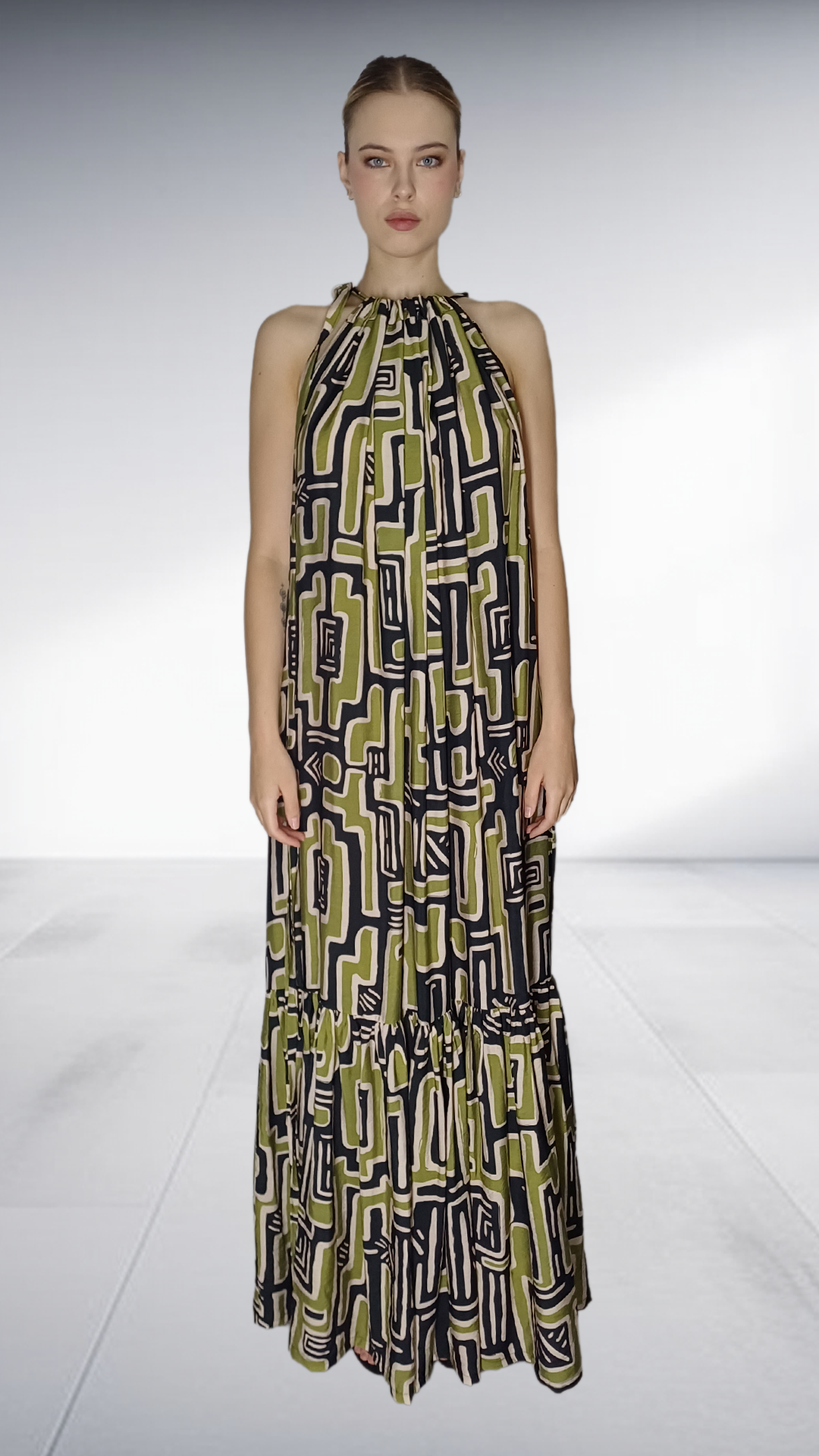 Thula Sindi Geometric Print Halter Maxi Dress - Olive & Black