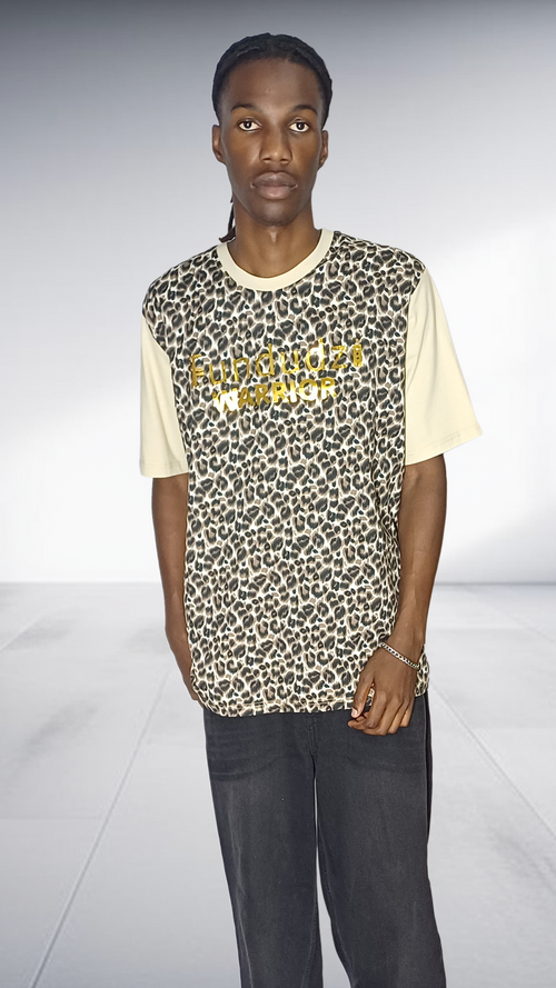 Fundundzi Leopard Print T-Shirt with Metallic Gold Text - B