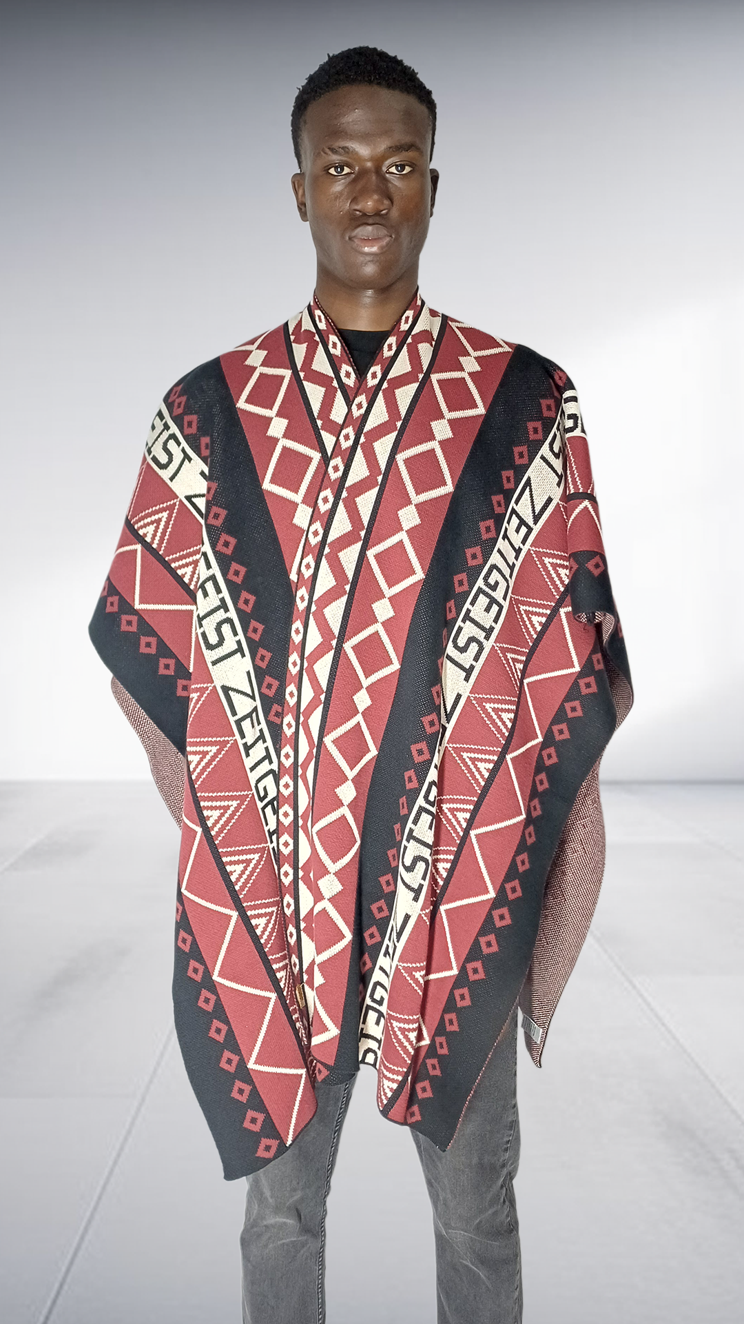 Zeitgeist Branded Geometric Poncho - Burgundy, Black & Off-White