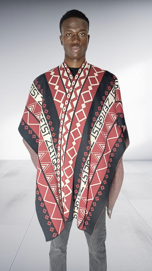 Zeitgeist Branded Geometric Poncho - Burgundy, Black & Off-White