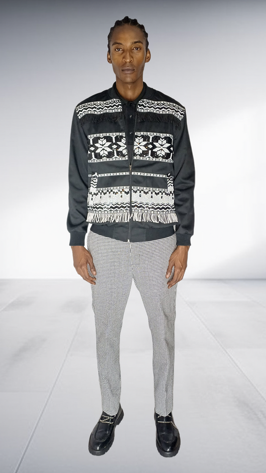 Ephymol Geometric Fringe Bomber Jacket & Houndstooth Trousers Set