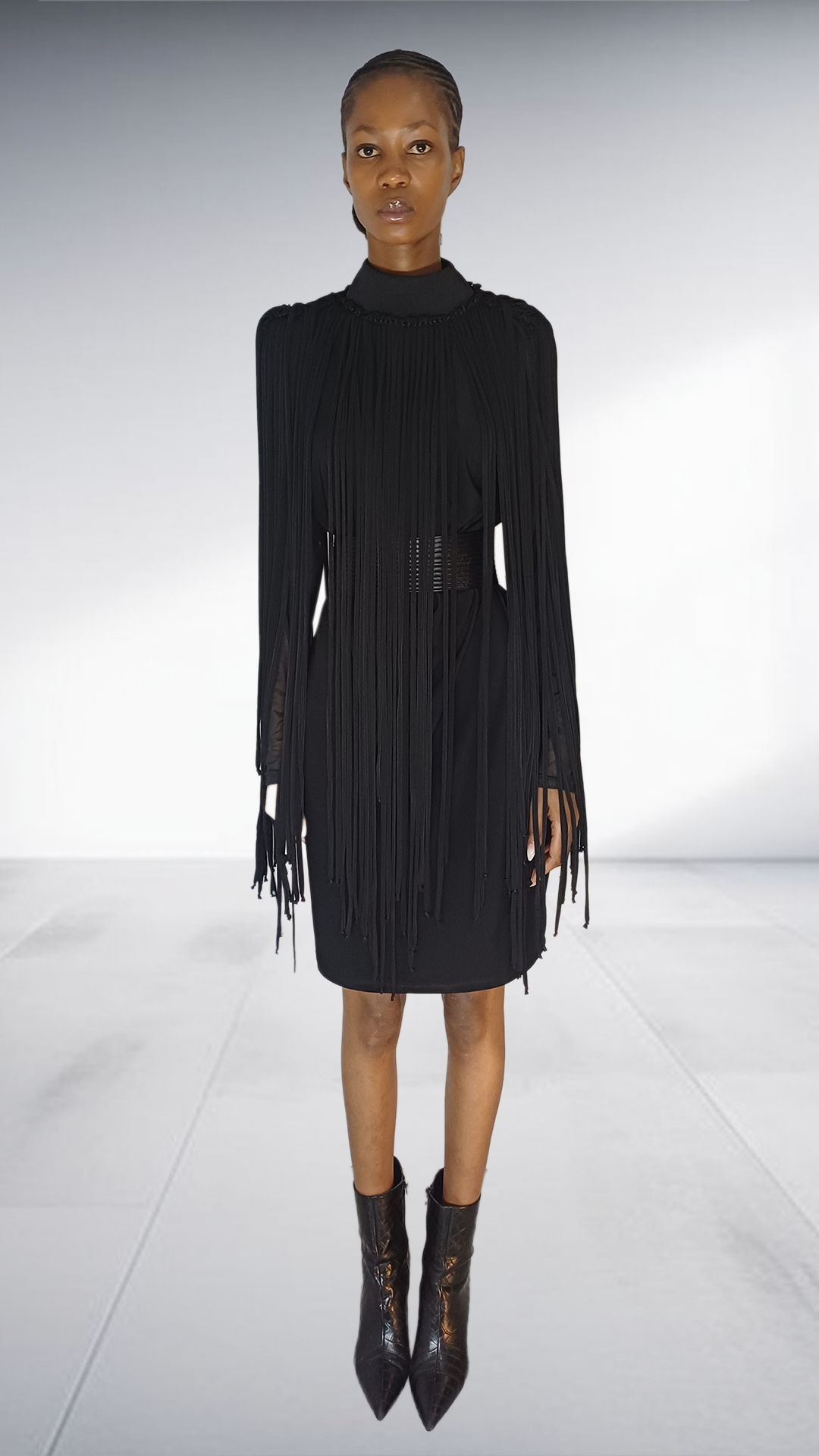 David Tlale Black Fringe Tassel Mock Neck Dress