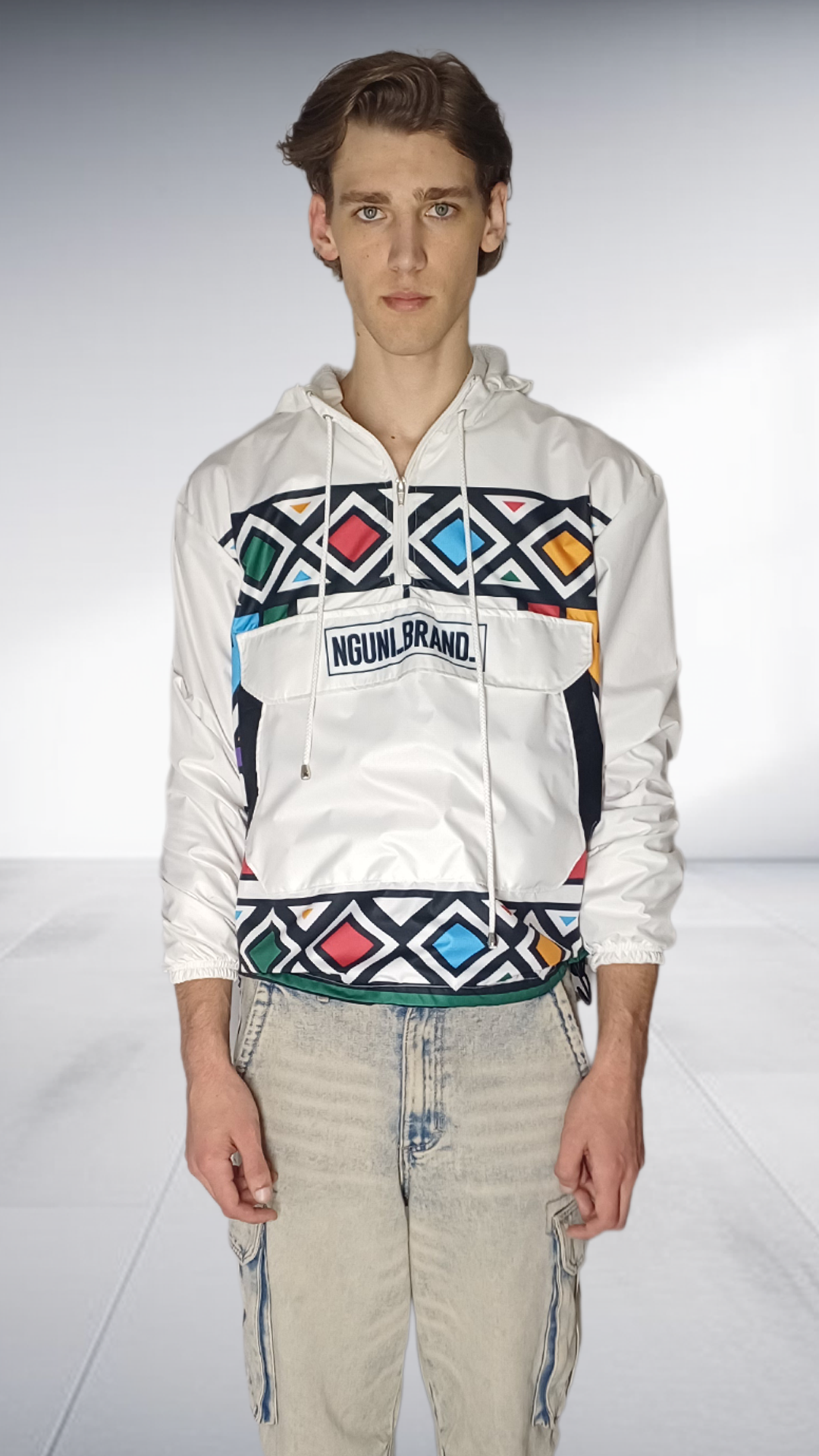 NguniBrand White Ndebele Print Windbreaker