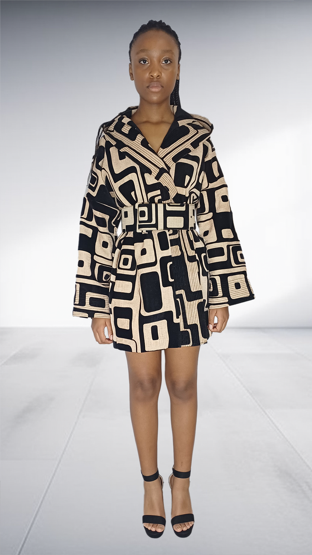 Black & Beige Geometric Print Belted Blazer Dress