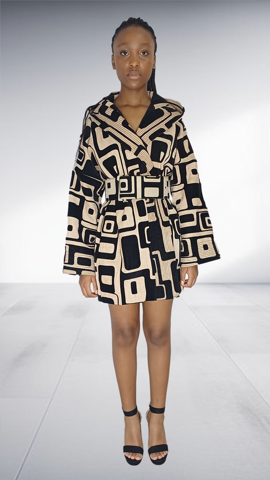 Black & Beige Geometric Print Belted Blazer Dress