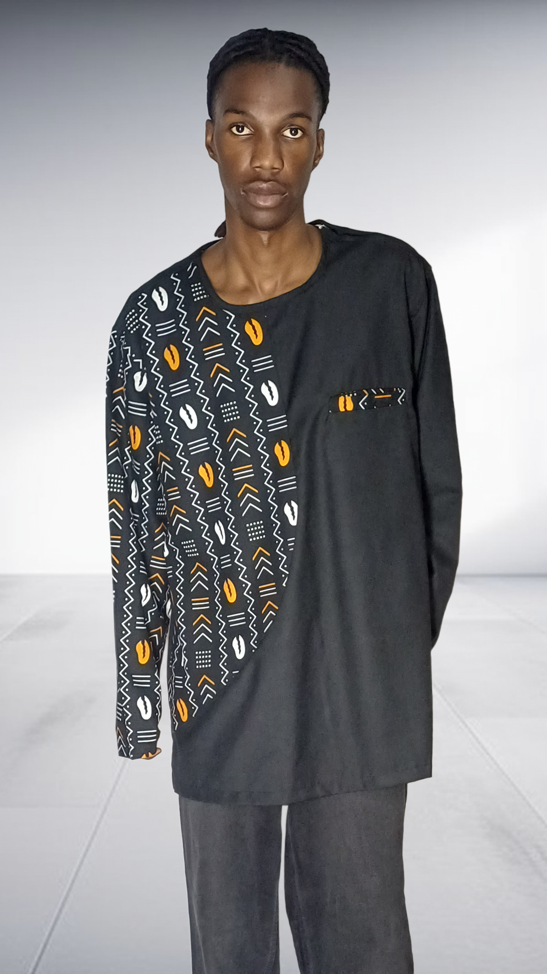 Lolo D African Print Panel Long Sleeve Shirt - Black with Yellow & White Accents