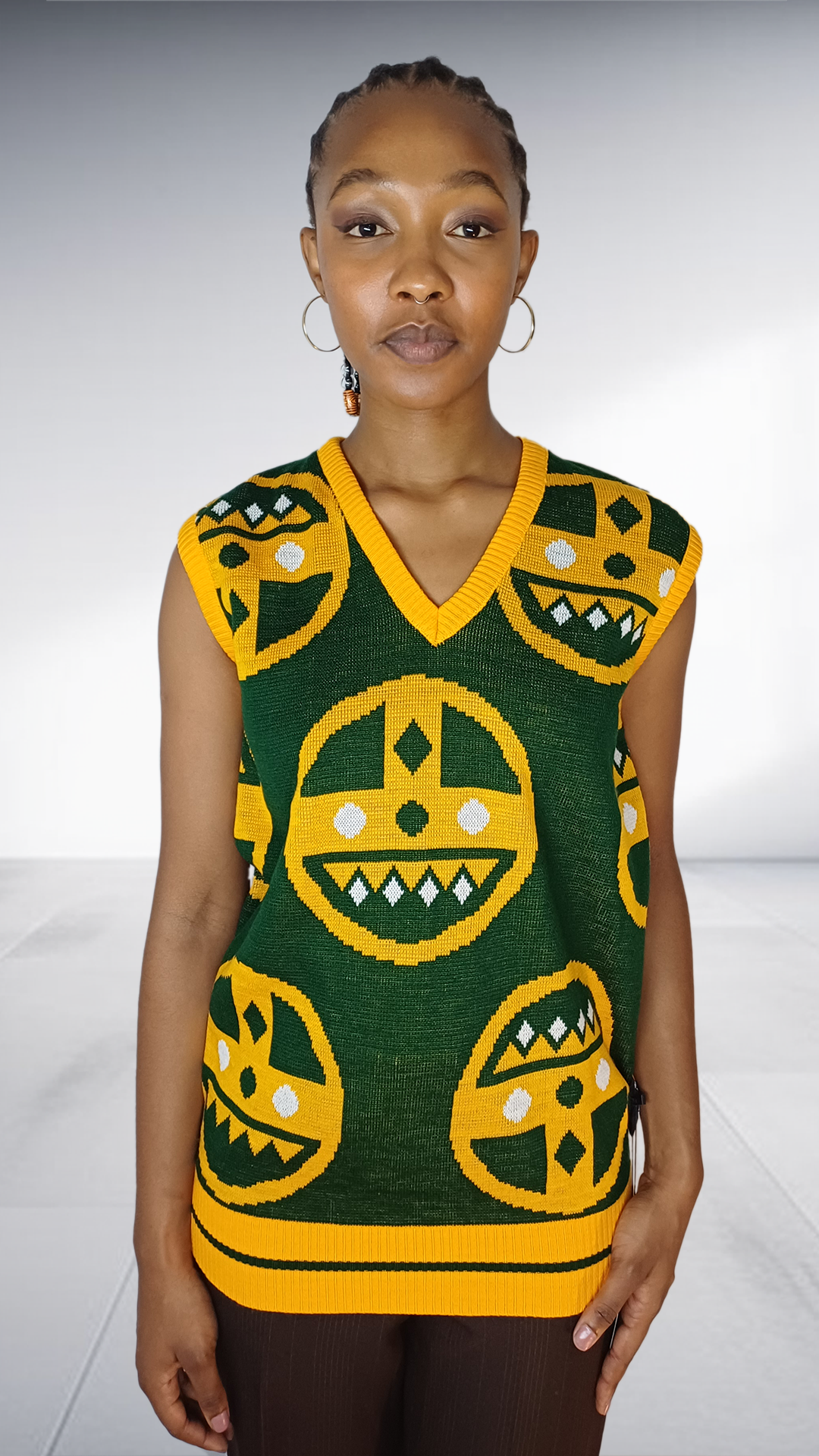 Green & Gold African Motif Knit Vest