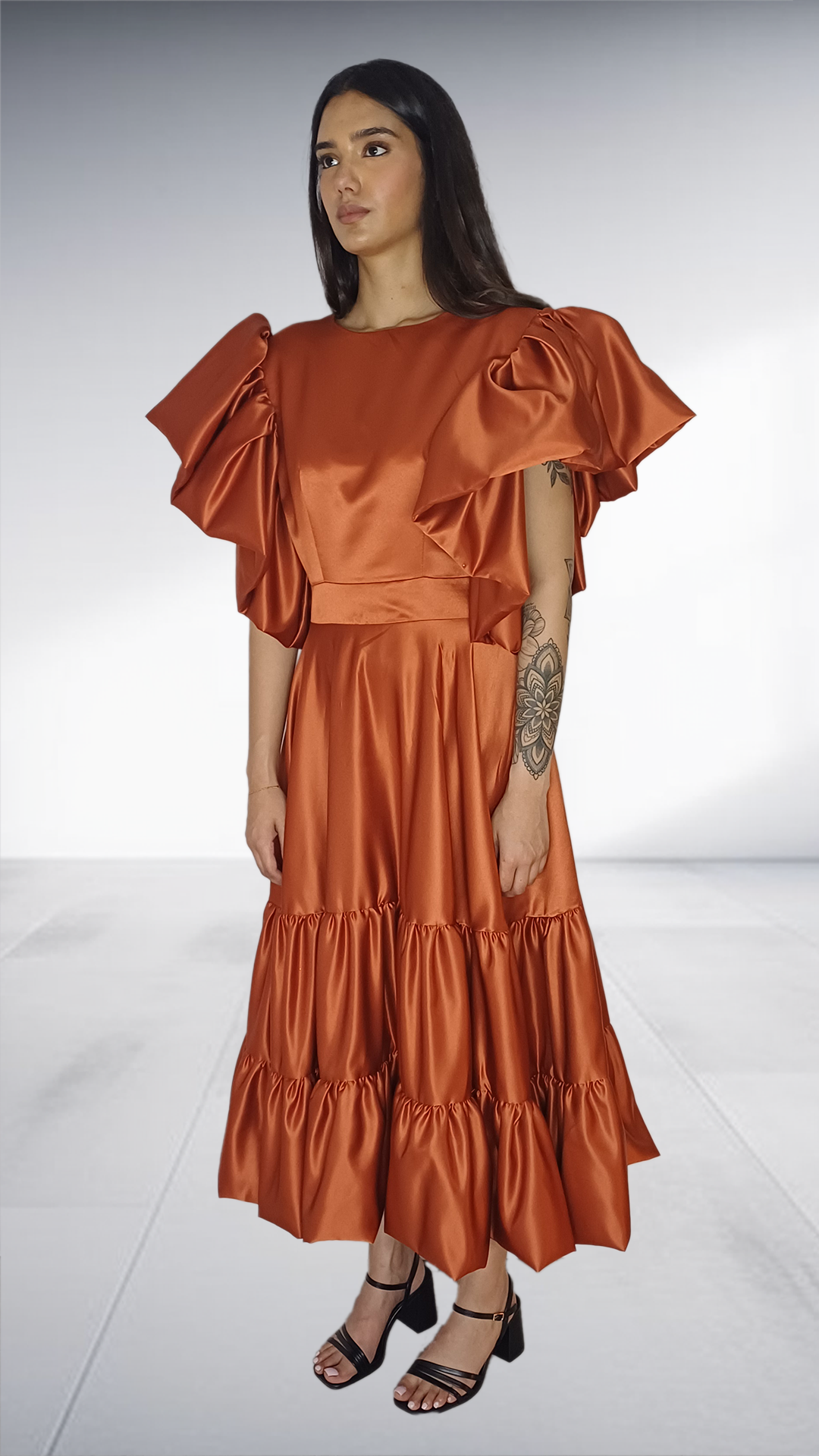 Alfalfa Rust Satin Ruffle Tiered Midi Dress
