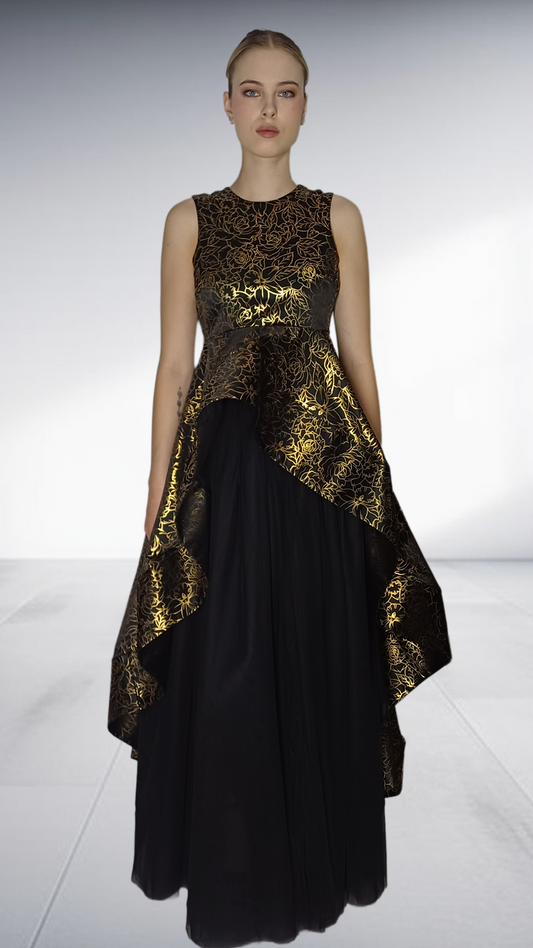 Kayla Stam Gold Brocade Peplum Top & Black Tulle Skirt Set