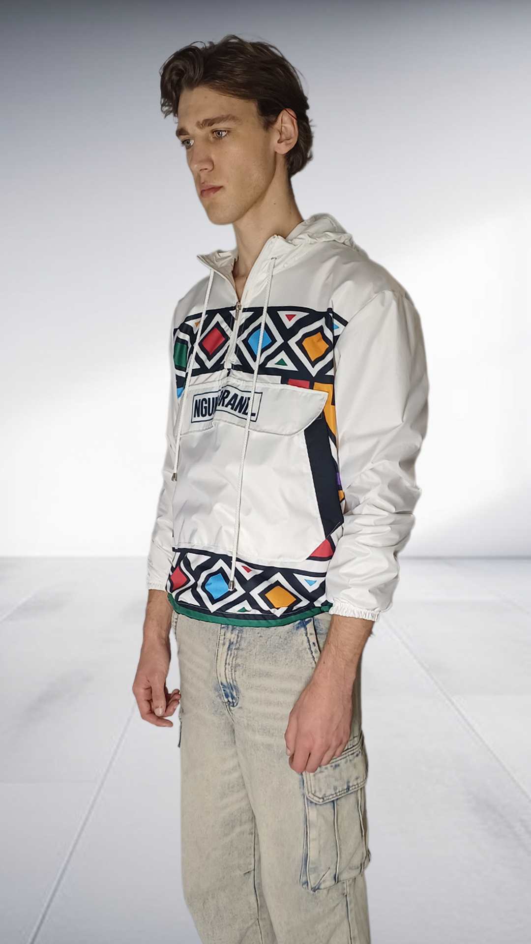 NguniBrand White Ndebele Print Windbreaker