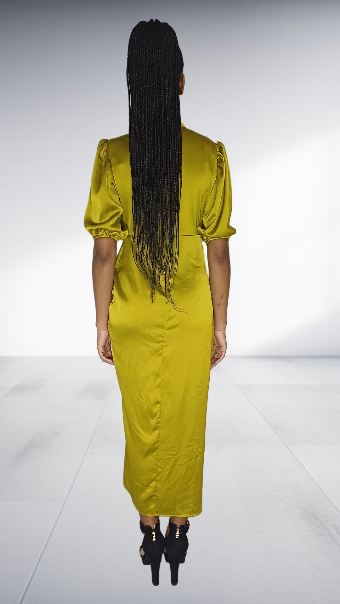 Mukutsuri Olive Green Satin Ruched Midi Dress
