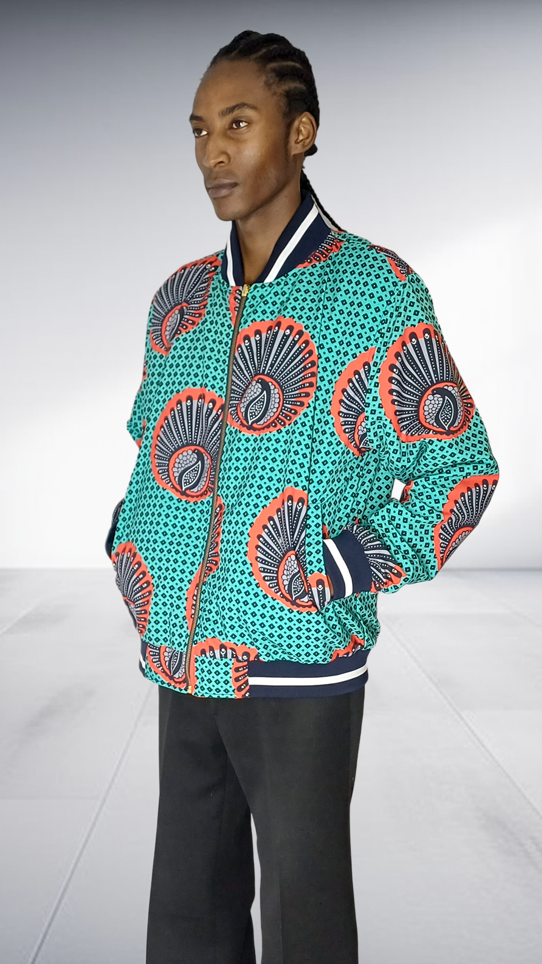 Reversible Mille Collines Peacock Bomber Jacket - Turquoise & Coral