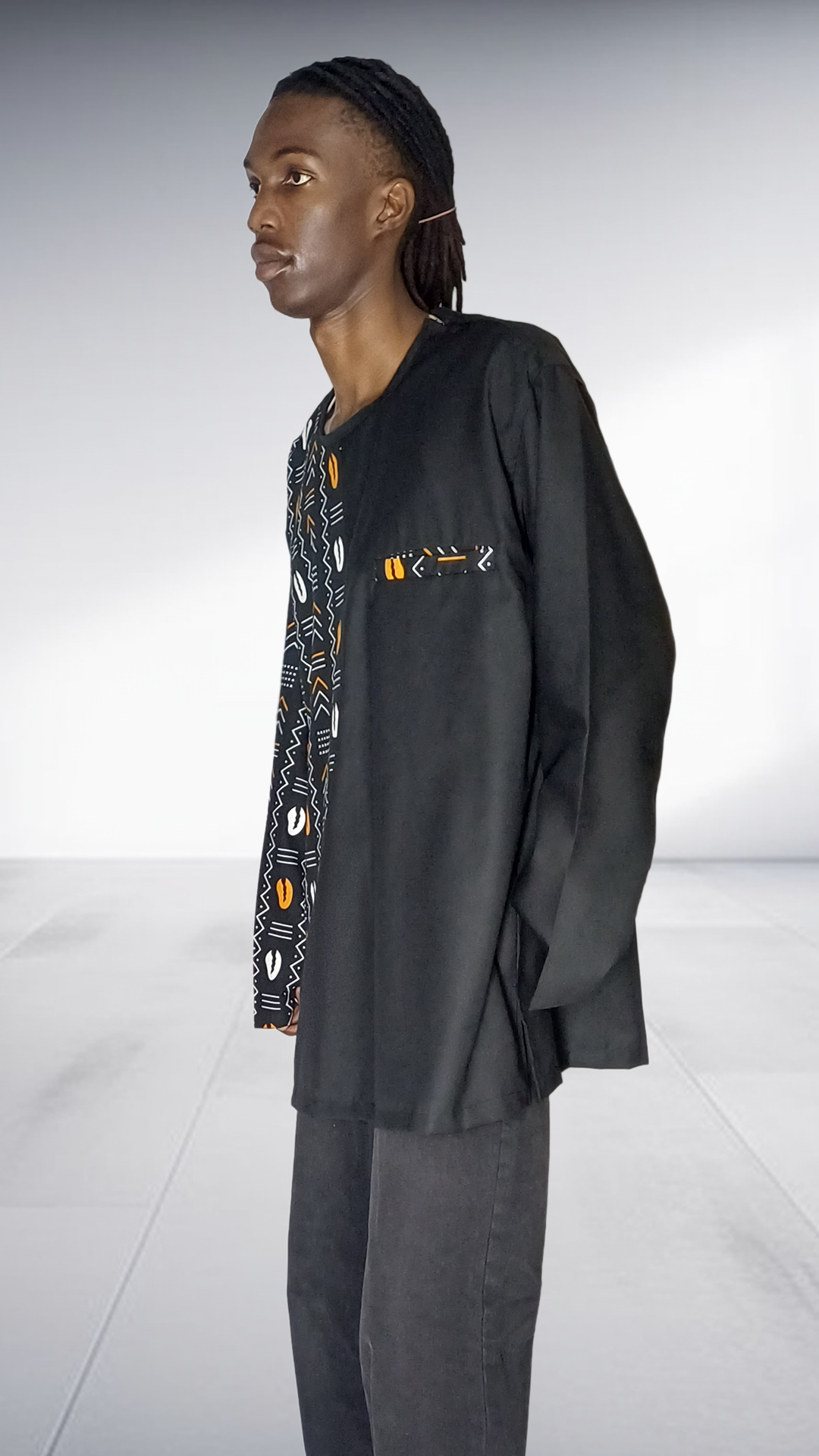Lolo D African Print Panel Long Sleeve Shirt - Black with Yellow & White Accents