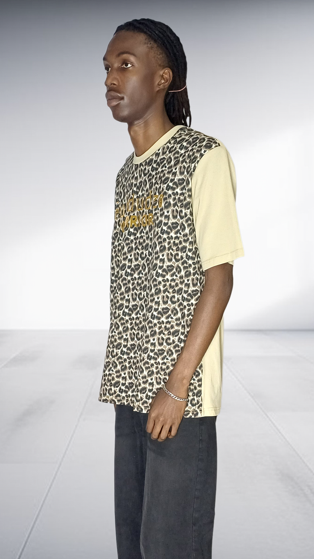 Fundundzi Leopard Print T-Shirt with Metallic Gold Text - Beige & Cream