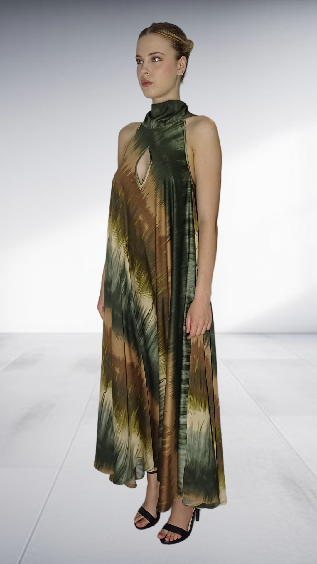 Nina Sedumedi Abstract Print Halter Maxi Dress - Olive & Brown