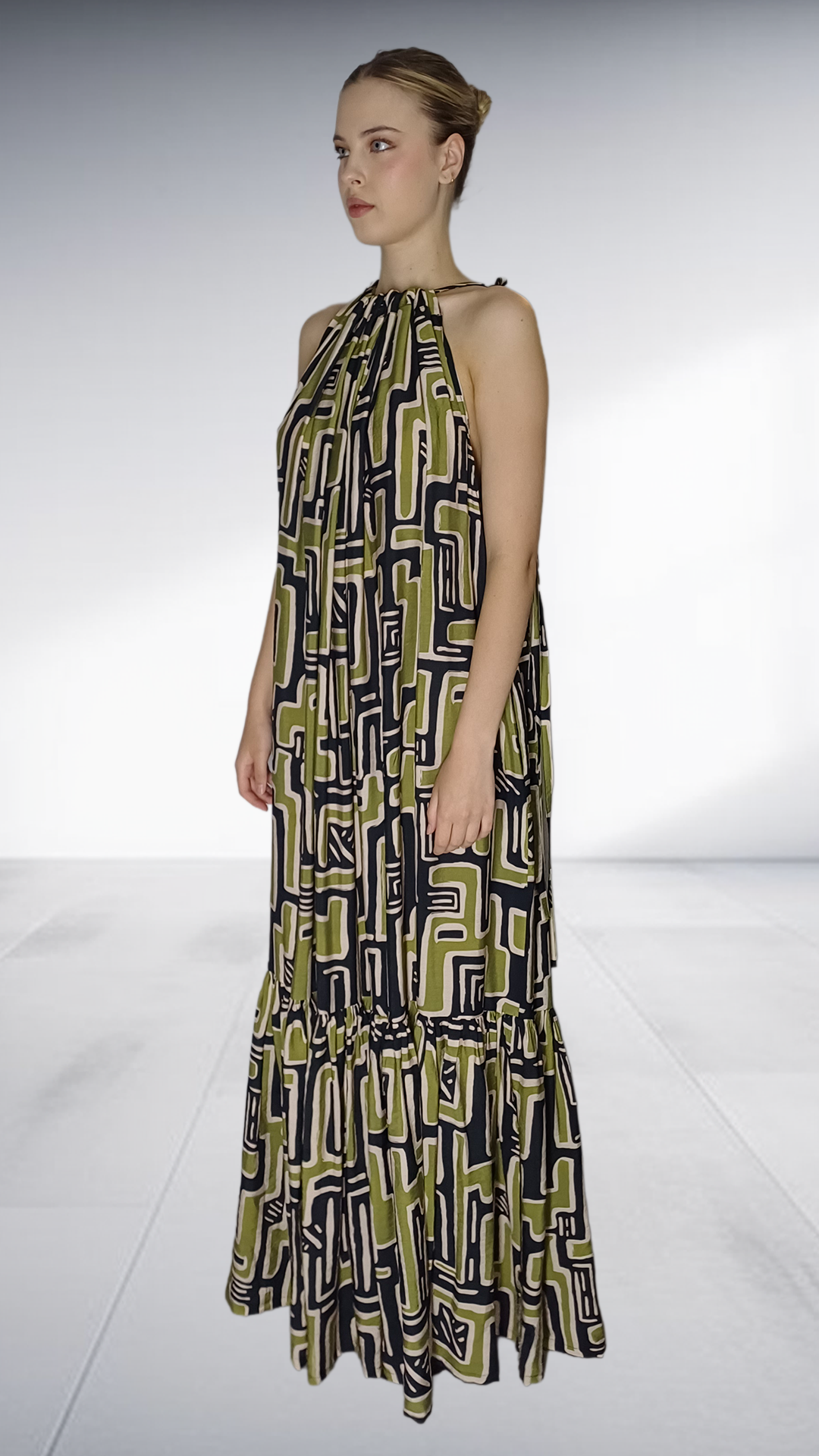 Thula Sindi Geometric Print Halter Maxi Dress - Olive & Black