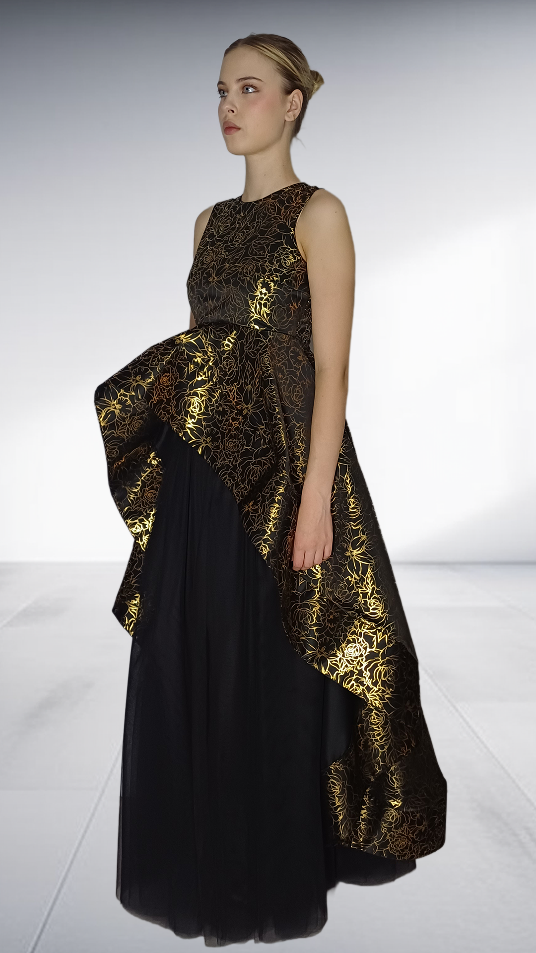 Kayla Stam Gold Brocade Peplum Top & Black Tulle Skirt Set